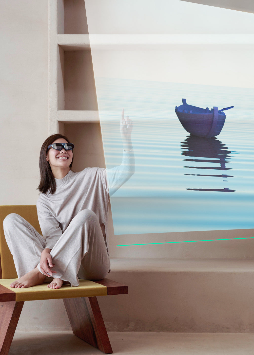 A woman wearing Rokid MAX AR smart glasses with display