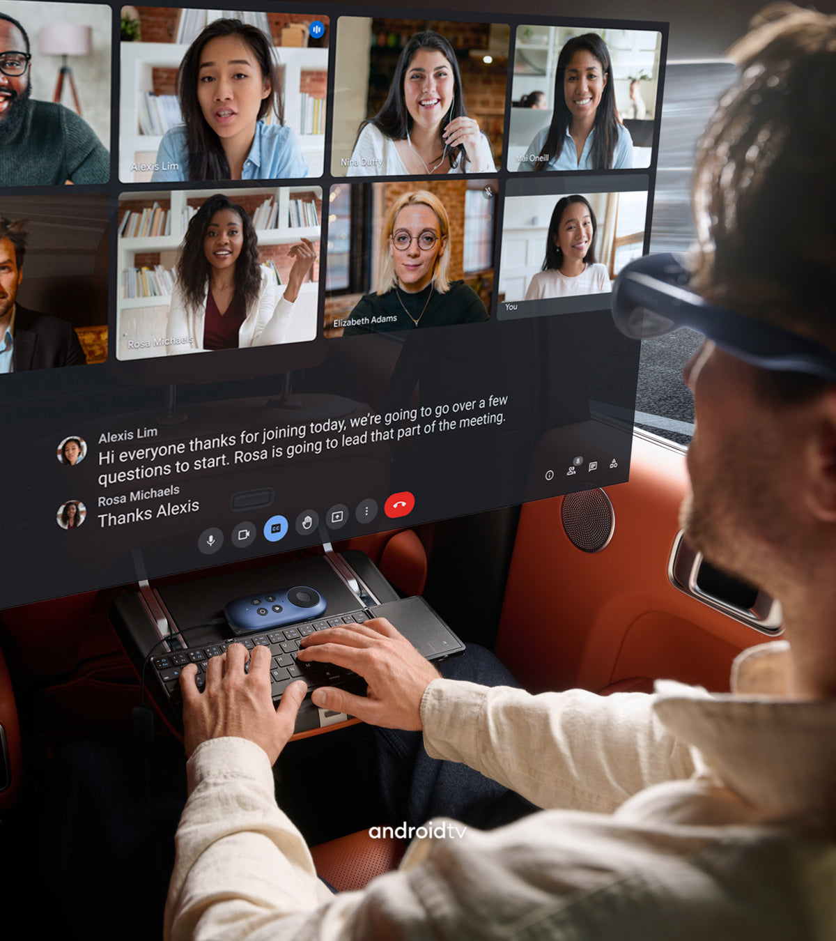 A man using Rokid Max AR glasses and Rokid Station Android TV box