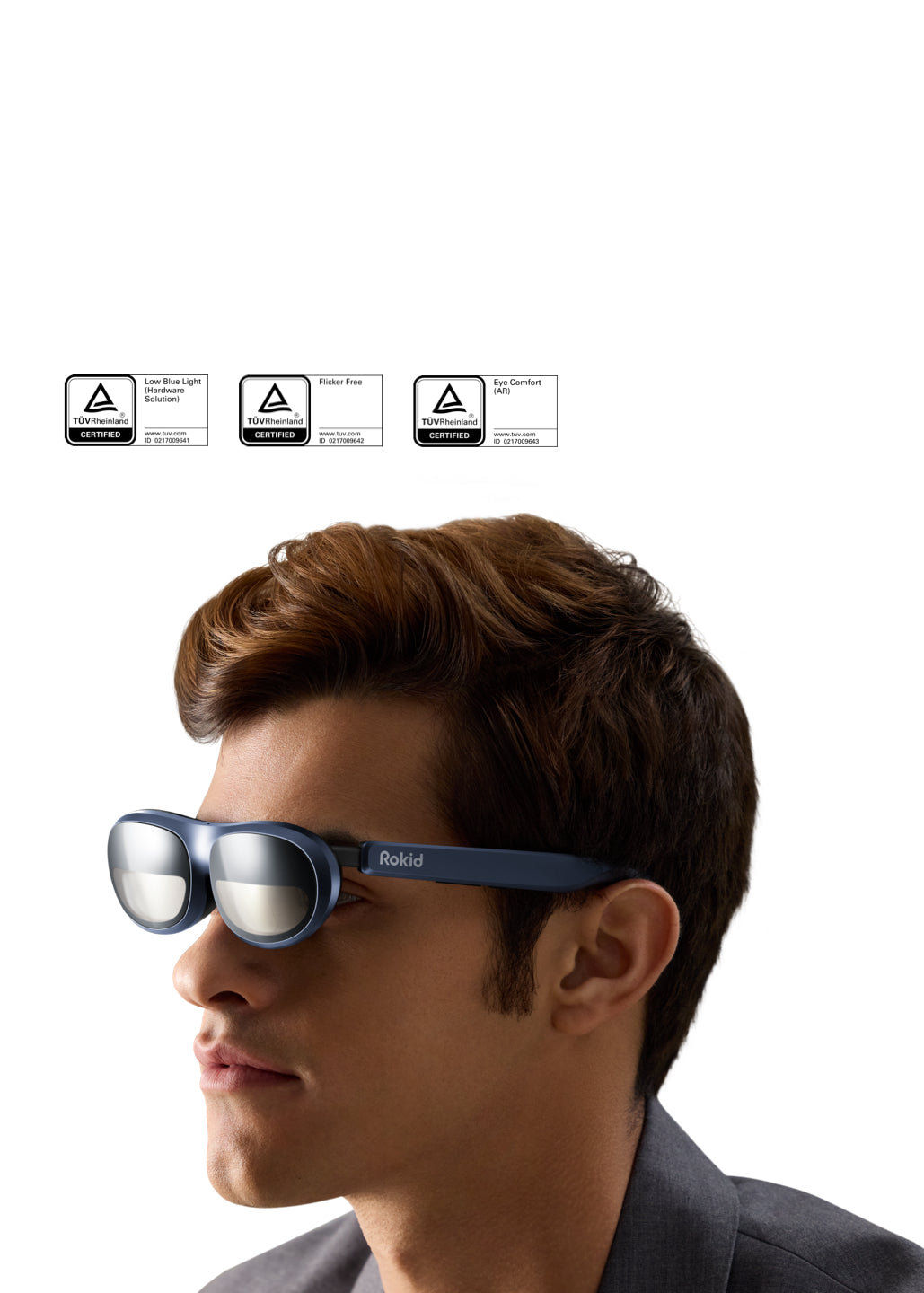 Rokid Max AR frames features low blue light, flicker free, and eye comfort certified