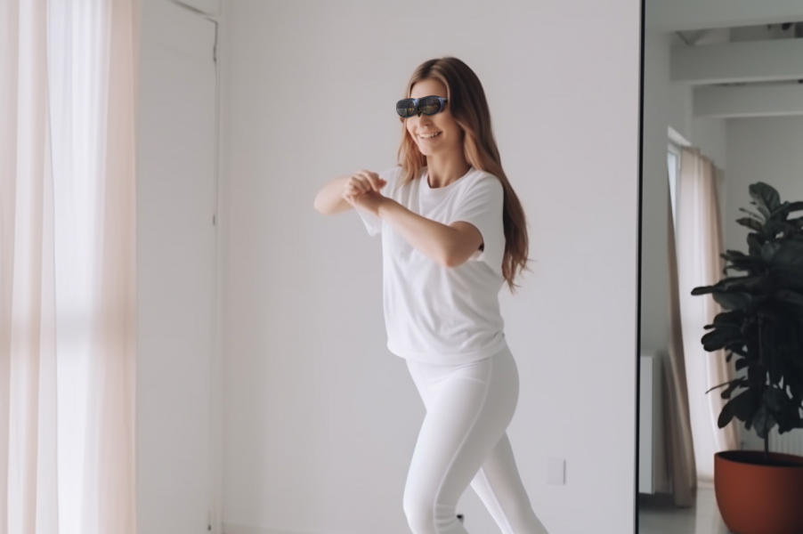 A woman using Rokid AR glasses for sports