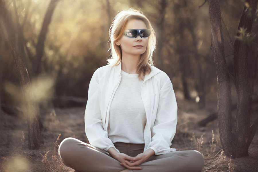A woman using Rokid AR glasses for meditation