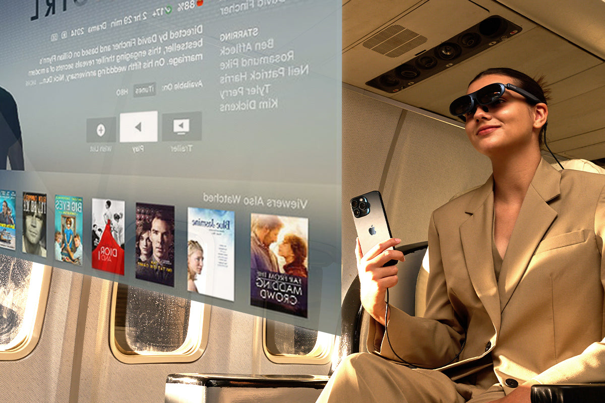 A woman using Rokid augmented reality smart glasses on the plane