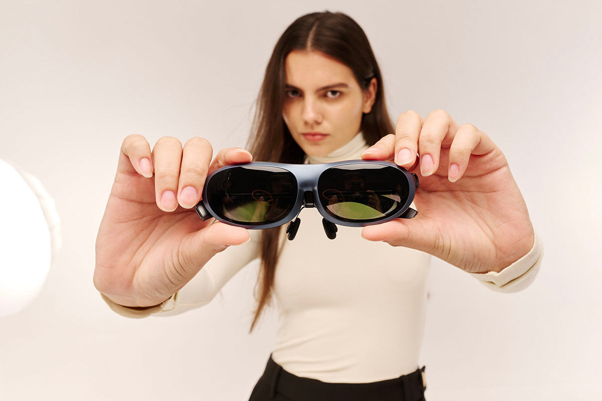 A woman with Rokid ai smart glasses