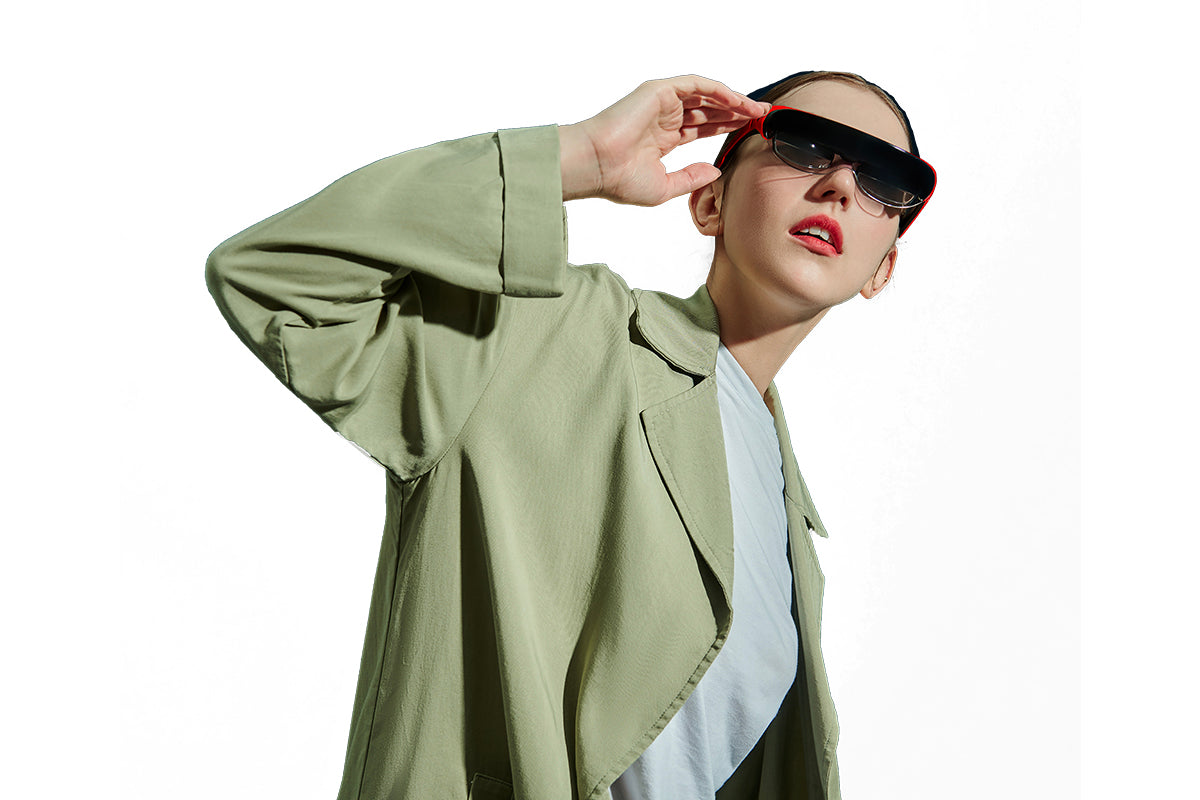 a beautiful woman wearing Rokid Air AI smart glasses