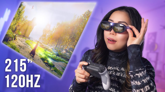 A woman wearing Rokid Max AR sunglasses for gaming