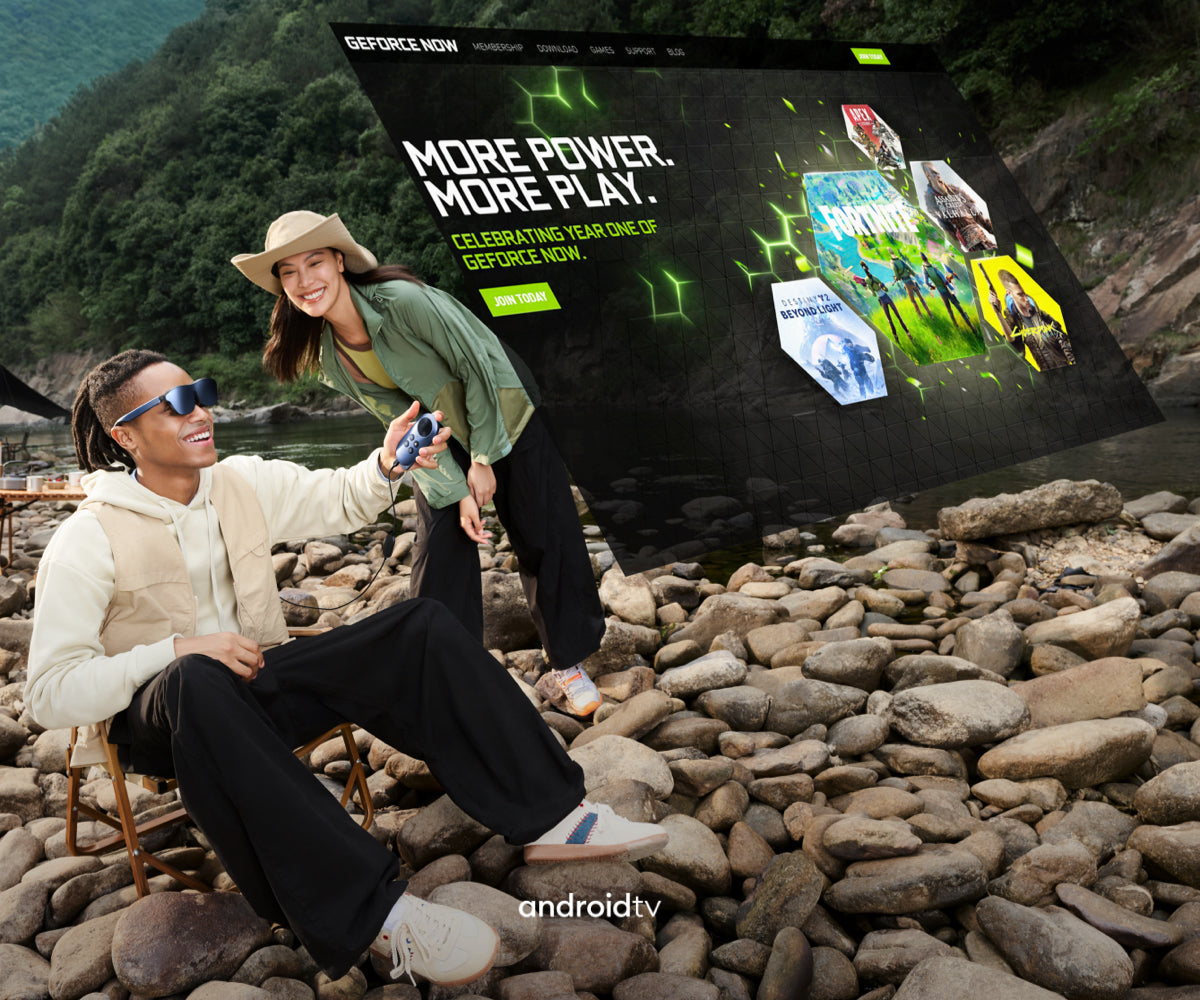 A man and woman using Rokid AR glasses and Rokid Station streaming box