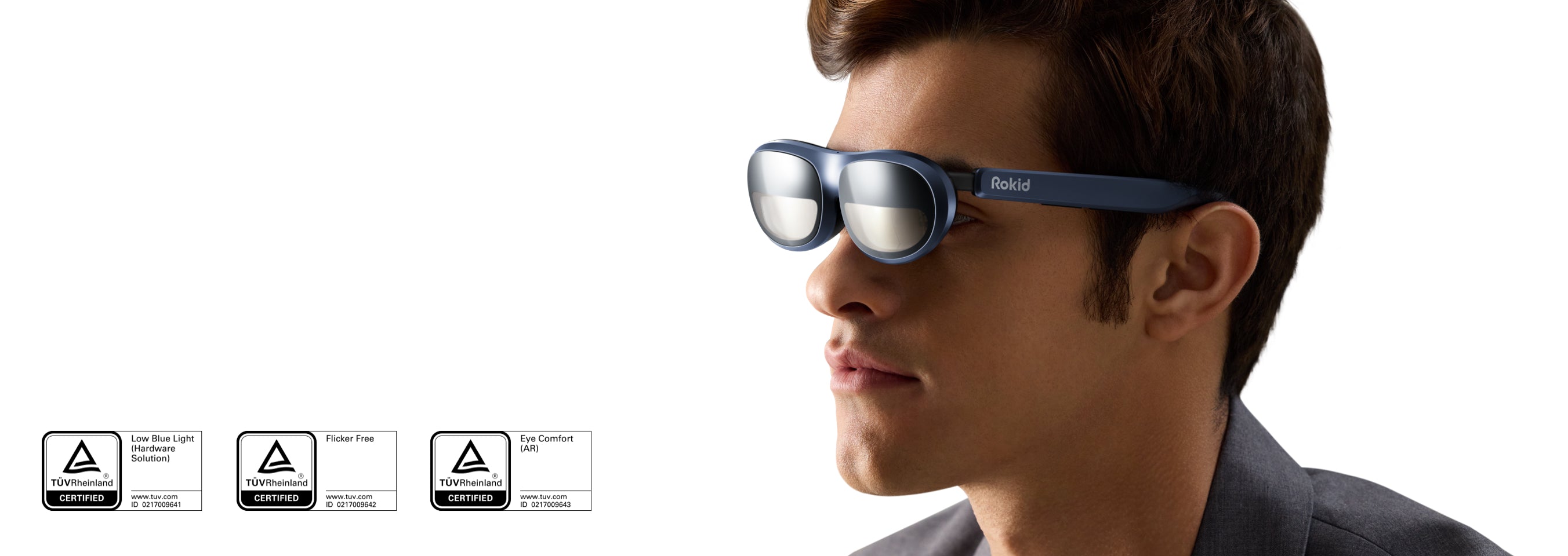 Rokid Max AR çerçeveleri, düşük mavi ışık, titreşimsiz ve sertifikalı göz konforu özelliklerine sahiptir